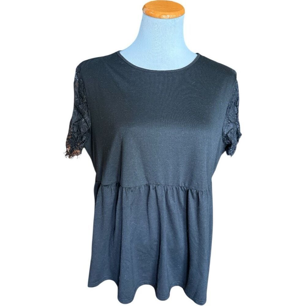 Womens Shein Black Crew Neck Lace Sleeve Peplum Top Blouse - Sz XL